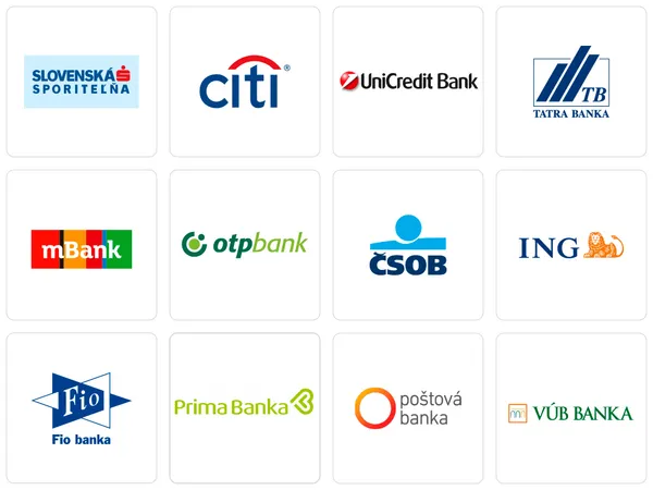 Dostupné banky: Slovenská sporiteľňa, Citibank, UniCredit Bank, Tatra Banka, mBank, OTP Bank, ČSOB, ING, Fio banka, Prima Banka, Poštová banka, VÚB Banka